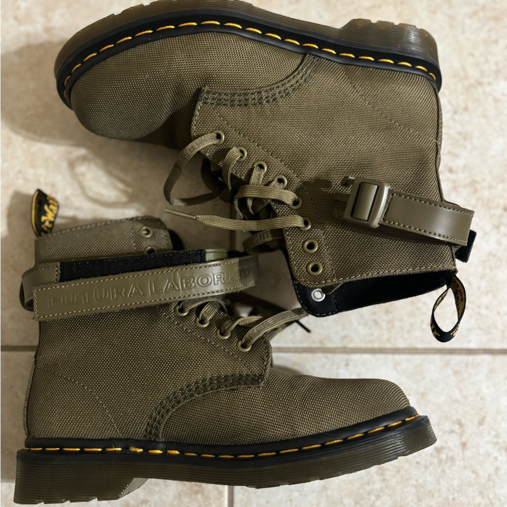 Dr. Martens x Futura Olive Boots with Yellow Stitching